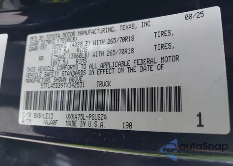 2026 Toyota Tundra Sr5 Crewmax 5.5' Bed z USA, uszkodzony, nr VIN 5TFLA5DB9TX342531